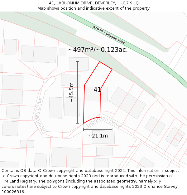 41, LABURNUM DRIVE, BEVERLEY, HU17 9UQ: Plot and title map