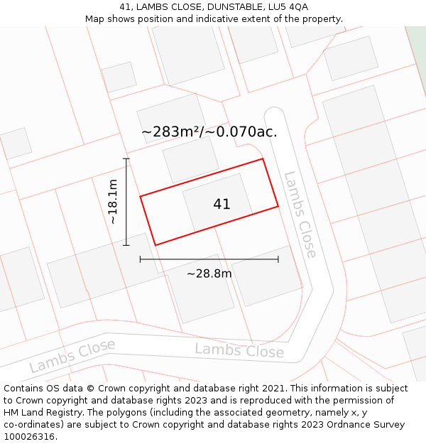 41, LAMBS CLOSE, DUNSTABLE, LU5 4QA: Plot and title map