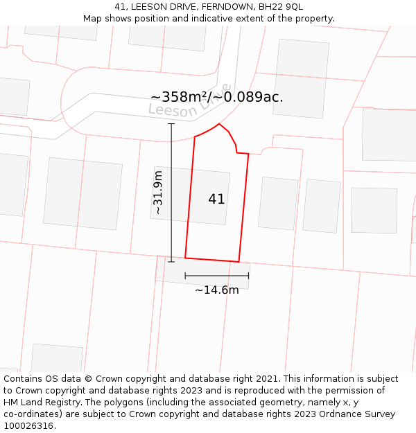 41, LEESON DRIVE, FERNDOWN, BH22 9QL: Plot and title map