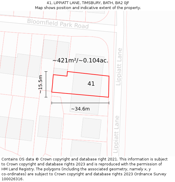 41, LIPPIATT LANE, TIMSBURY, BATH, BA2 0JF: Plot and title map