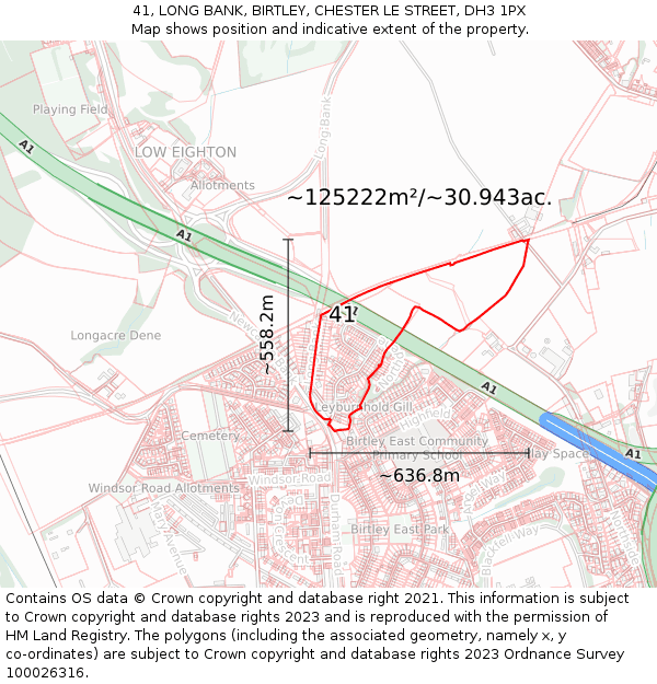 41, LONG BANK, BIRTLEY, CHESTER LE STREET, DH3 1PX: Plot and title map