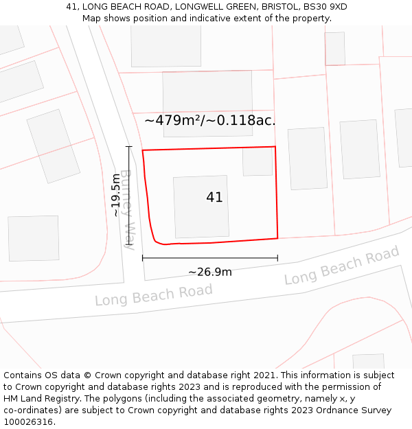 41, LONG BEACH ROAD, LONGWELL GREEN, BRISTOL, BS30 9XD: Plot and title map