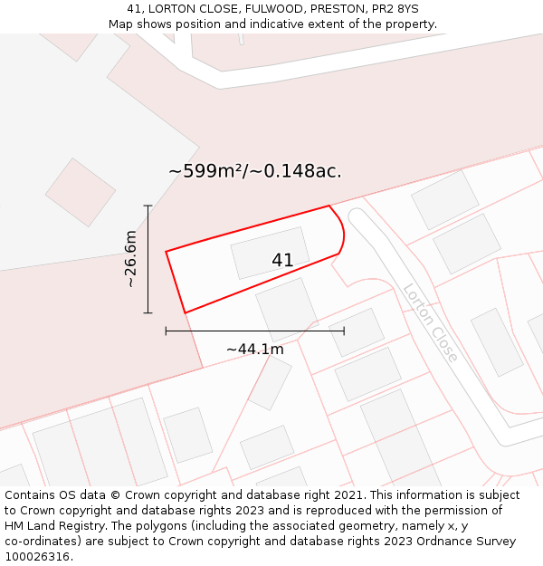 41, LORTON CLOSE, FULWOOD, PRESTON, PR2 8YS: Plot and title map