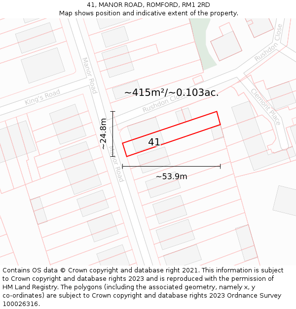 41, MANOR ROAD, ROMFORD, RM1 2RD: Plot and title map