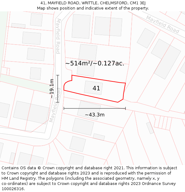 41, MAYFIELD ROAD, WRITTLE, CHELMSFORD, CM1 3EJ: Plot and title map