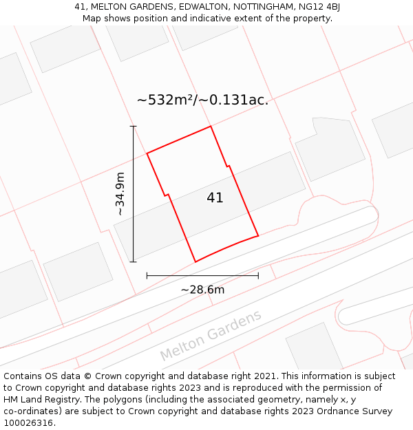 41, MELTON GARDENS, EDWALTON, NOTTINGHAM, NG12 4BJ: Plot and title map