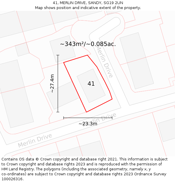 41, MERLIN DRIVE, SANDY, SG19 2UN: Plot and title map