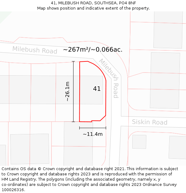 41, MILEBUSH ROAD, SOUTHSEA, PO4 8NF: Plot and title map