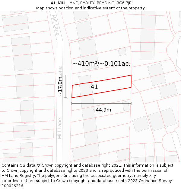 41, MILL LANE, EARLEY, READING, RG6 7JF: Plot and title map