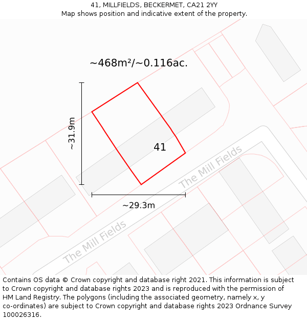 41, MILLFIELDS, BECKERMET, CA21 2YY: Plot and title map