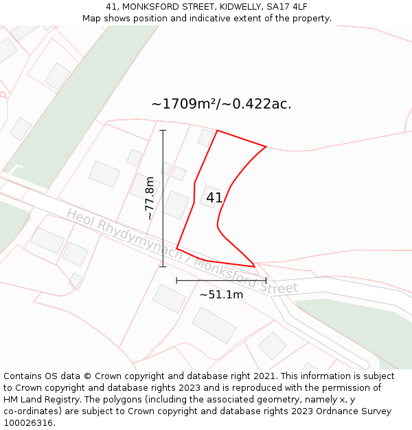 41, MONKSFORD STREET, KIDWELLY, SA17 4LF: Plot and title map