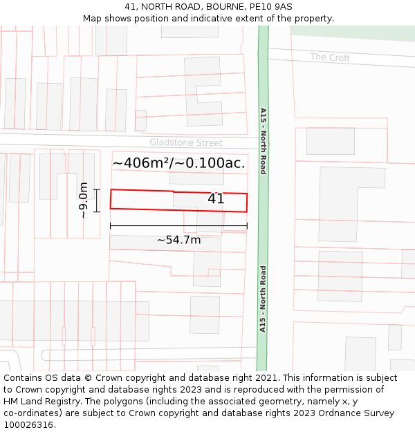 41, NORTH ROAD, BOURNE, PE10 9AS: Plot and title map