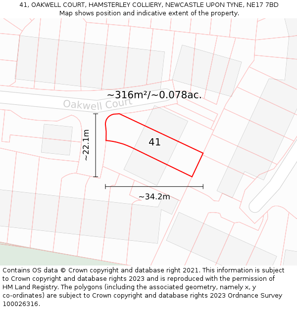 41, OAKWELL COURT, HAMSTERLEY COLLIERY, NEWCASTLE UPON TYNE, NE17 7BD: Plot and title map