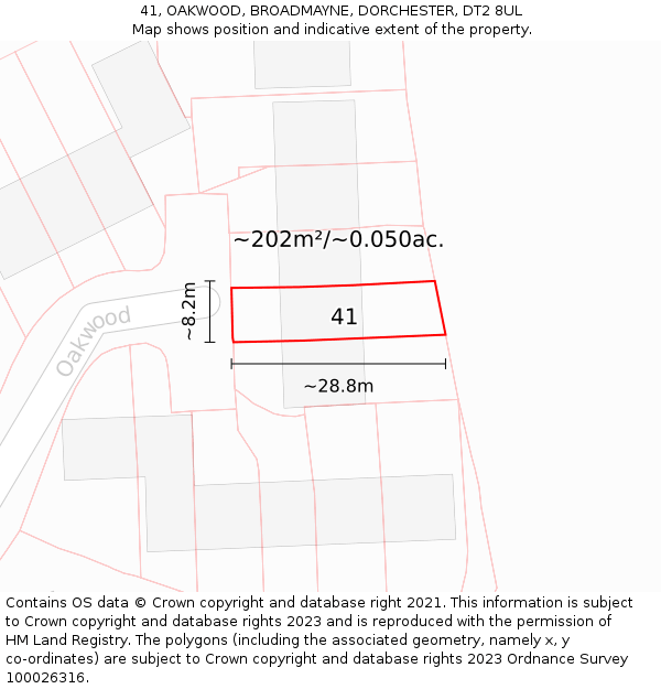 41, OAKWOOD, BROADMAYNE, DORCHESTER, DT2 8UL: Plot and title map