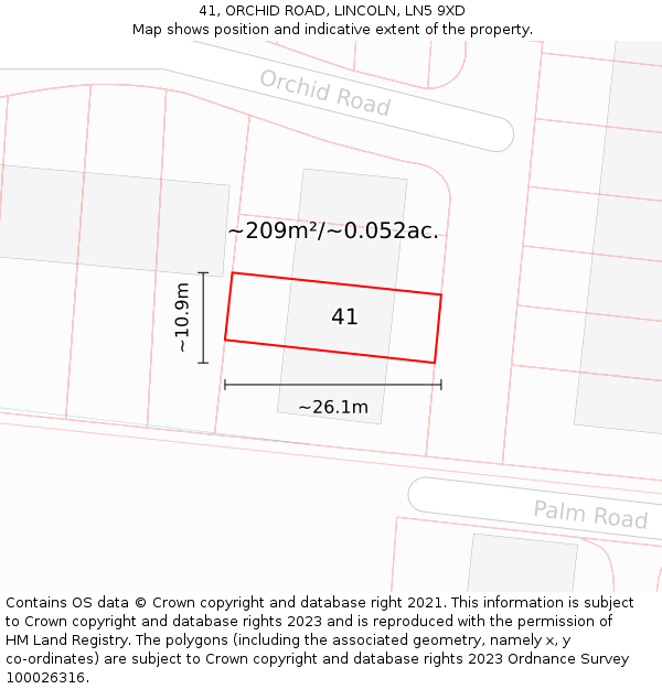 41, ORCHID ROAD, LINCOLN, LN5 9XD: Plot and title map