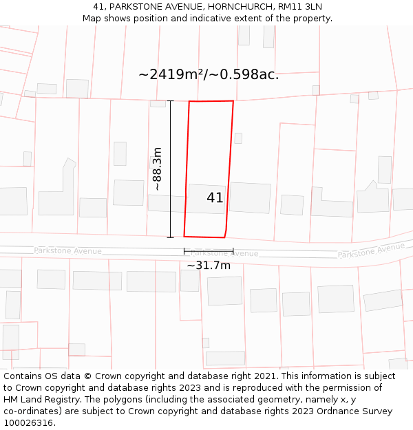 41, PARKSTONE AVENUE, HORNCHURCH, RM11 3LN: Plot and title map