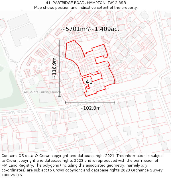 41, PARTRIDGE ROAD, HAMPTON, TW12 3SB: Plot and title map