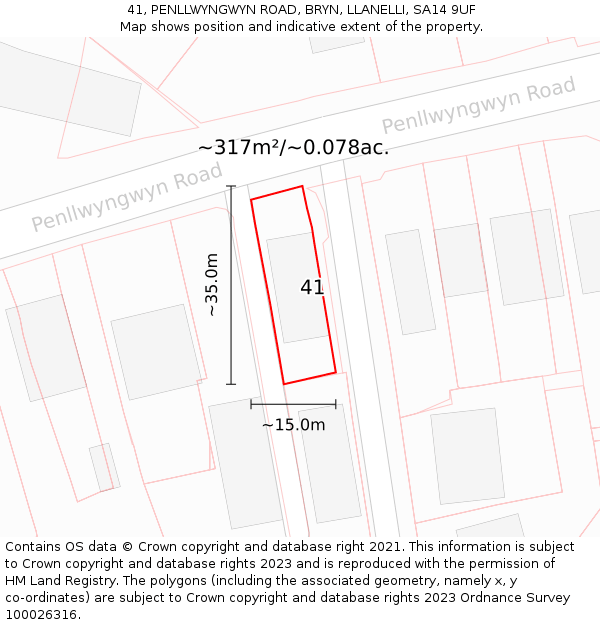 41, PENLLWYNGWYN ROAD, BRYN, LLANELLI, SA14 9UF: Plot and title map