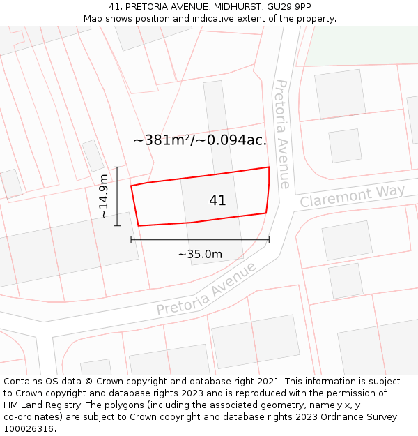 41, PRETORIA AVENUE, MIDHURST, GU29 9PP: Plot and title map