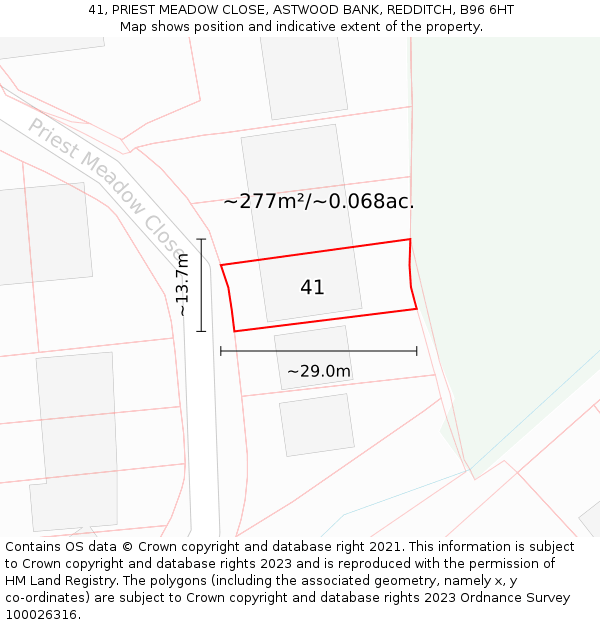 41, PRIEST MEADOW CLOSE, ASTWOOD BANK, REDDITCH, B96 6HT: Plot and title map