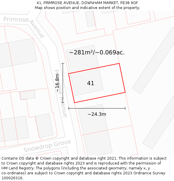 41, PRIMROSE AVENUE, DOWNHAM MARKET, PE38 9GF: Plot and title map