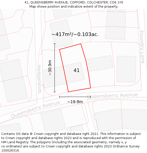 41, QUEENSBERRY AVENUE, COPFORD, COLCHESTER, CO6 1YS: Plot and title map