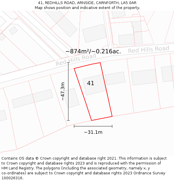 41, REDHILLS ROAD, ARNSIDE, CARNFORTH, LA5 0AR: Plot and title map