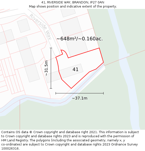 41, RIVERSIDE WAY, BRANDON, IP27 0AN: Plot and title map