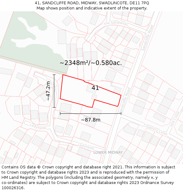 41, SANDCLIFFE ROAD, MIDWAY, SWADLINCOTE, DE11 7PQ: Plot and title map