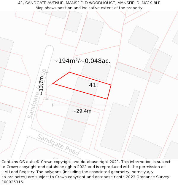 41, SANDGATE AVENUE, MANSFIELD WOODHOUSE, MANSFIELD, NG19 8LE: Plot and title map