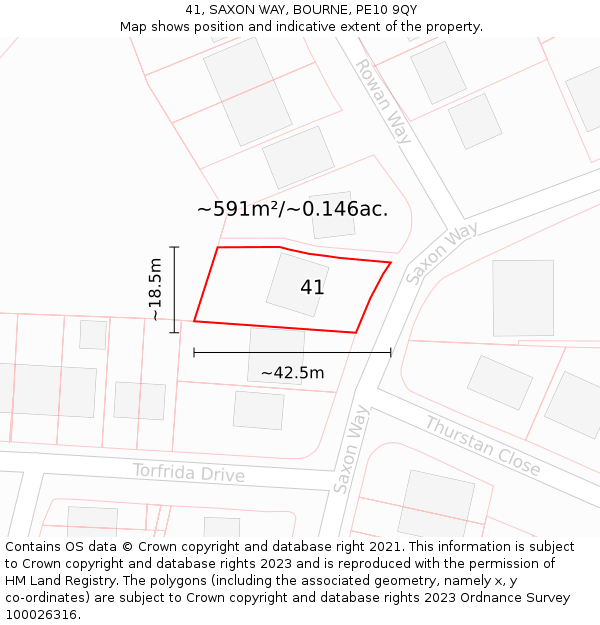 41, SAXON WAY, BOURNE, PE10 9QY: Plot and title map