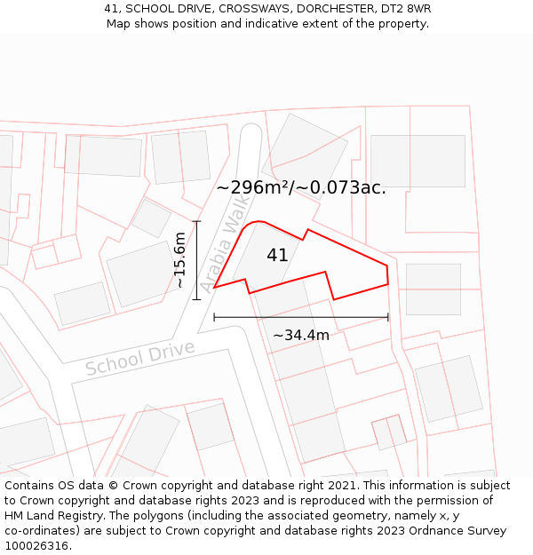 41, SCHOOL DRIVE, CROSSWAYS, DORCHESTER, DT2 8WR: Plot and title map