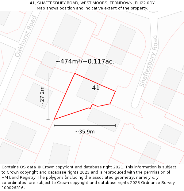 41, SHAFTESBURY ROAD, WEST MOORS, FERNDOWN, BH22 0DY: Plot and title map