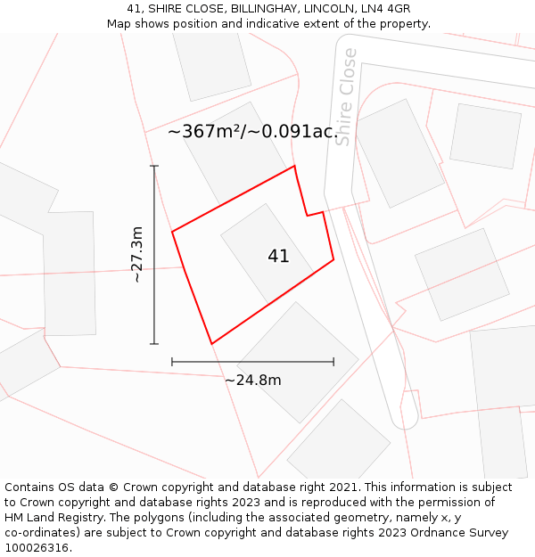 41, SHIRE CLOSE, BILLINGHAY, LINCOLN, LN4 4GR: Plot and title map