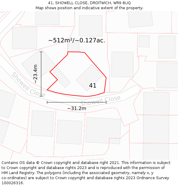 41, SHOWELL CLOSE, DROITWICH, WR9 8UQ: Plot and title map