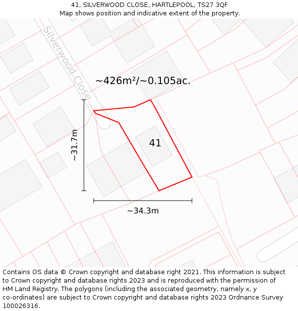 41, SILVERWOOD CLOSE, HARTLEPOOL, TS27 3QF: Plot and title map