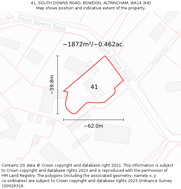 41, SOUTH DOWNS ROAD, BOWDON, ALTRINCHAM, WA14 3HD: Plot and title map