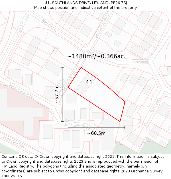 41, SOUTHLANDS DRIVE, LEYLAND, PR26 7SJ: Plot and title map