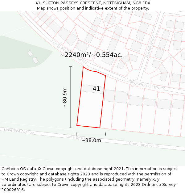 41, SUTTON PASSEYS CRESCENT, NOTTINGHAM, NG8 1BX: Plot and title map