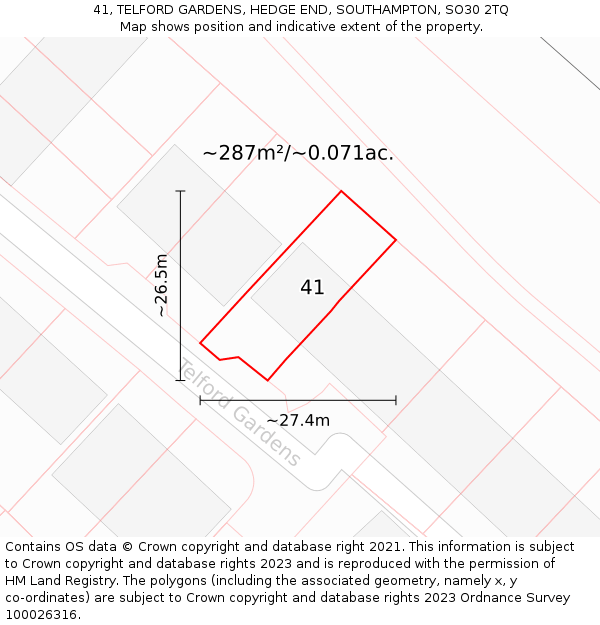 41, TELFORD GARDENS, HEDGE END, SOUTHAMPTON, SO30 2TQ: Plot and title map