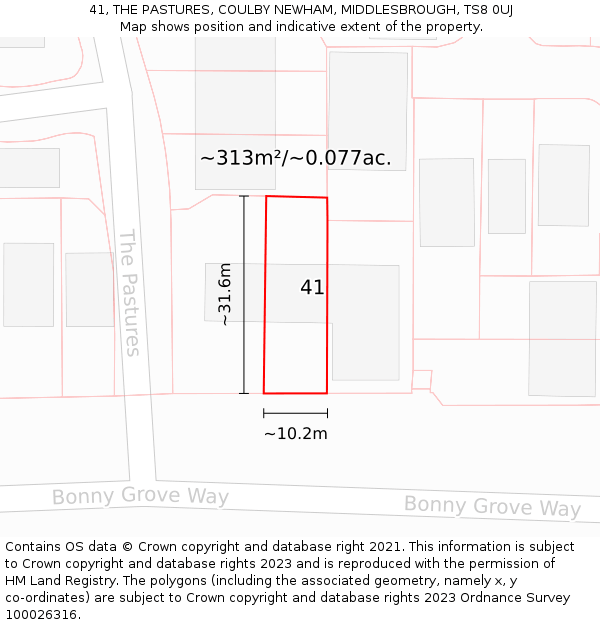 41, THE PASTURES, COULBY NEWHAM, MIDDLESBROUGH, TS8 0UJ: Plot and title map