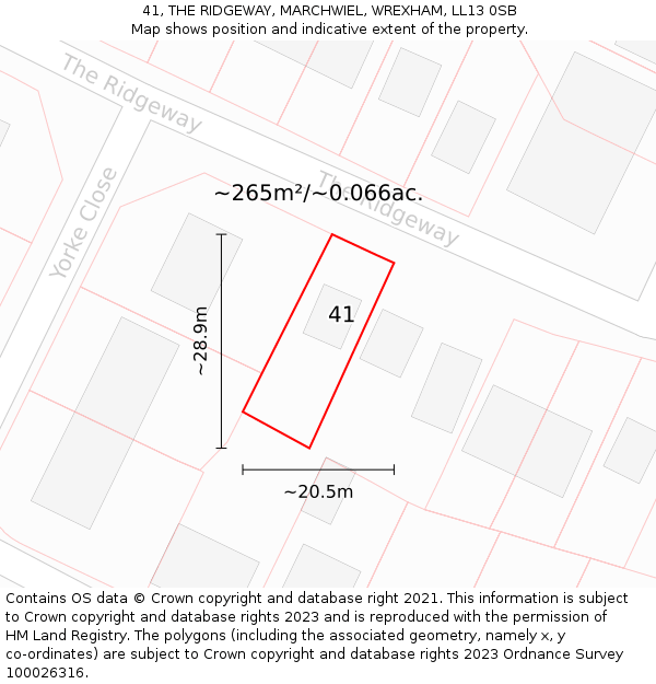 41, THE RIDGEWAY, MARCHWIEL, WREXHAM, LL13 0SB: Plot and title map