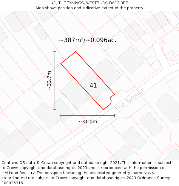 41, THE TYNINGS, WESTBURY, BA13 3PZ: Plot and title map