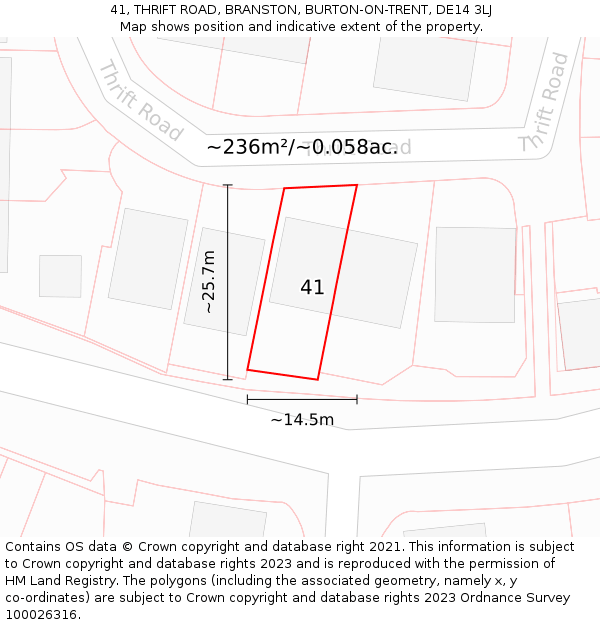 41, THRIFT ROAD, BRANSTON, BURTON-ON-TRENT, DE14 3LJ: Plot and title map