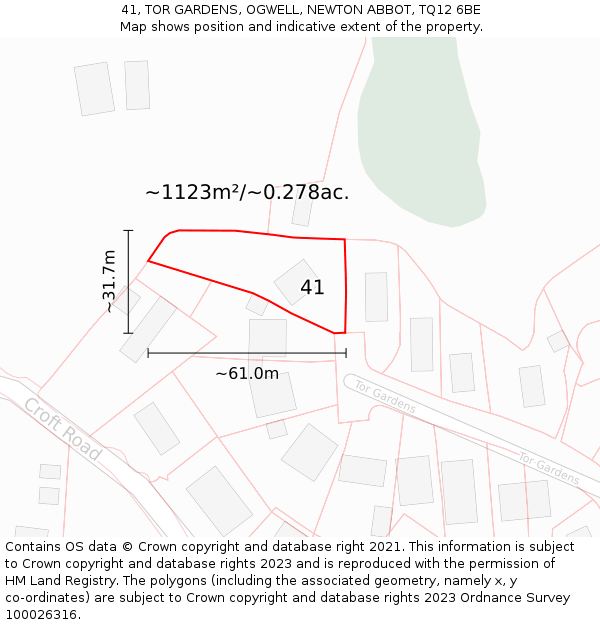 41, TOR GARDENS, OGWELL, NEWTON ABBOT, TQ12 6BE: Plot and title map
