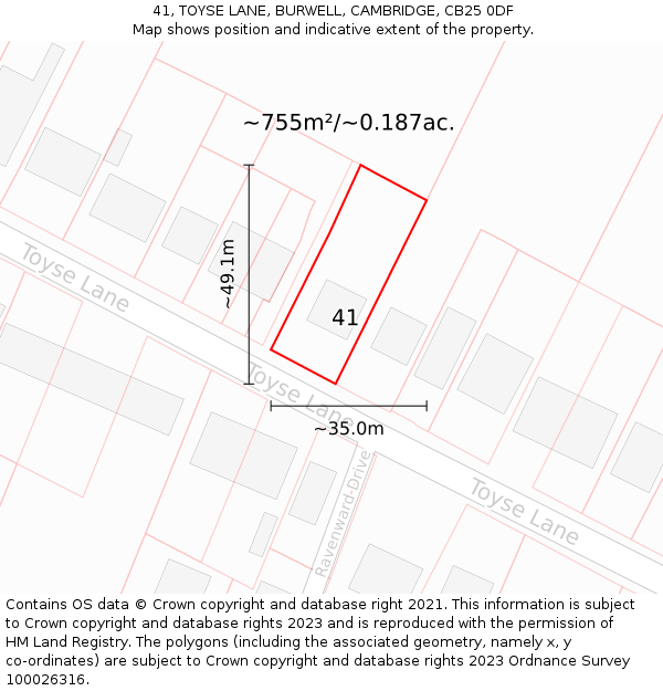 41, TOYSE LANE, BURWELL, CAMBRIDGE, CB25 0DF: Plot and title map