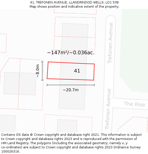 41, TREFONEN AVENUE, LLANDRINDOD WELLS, LD1 5YB: Plot and title map