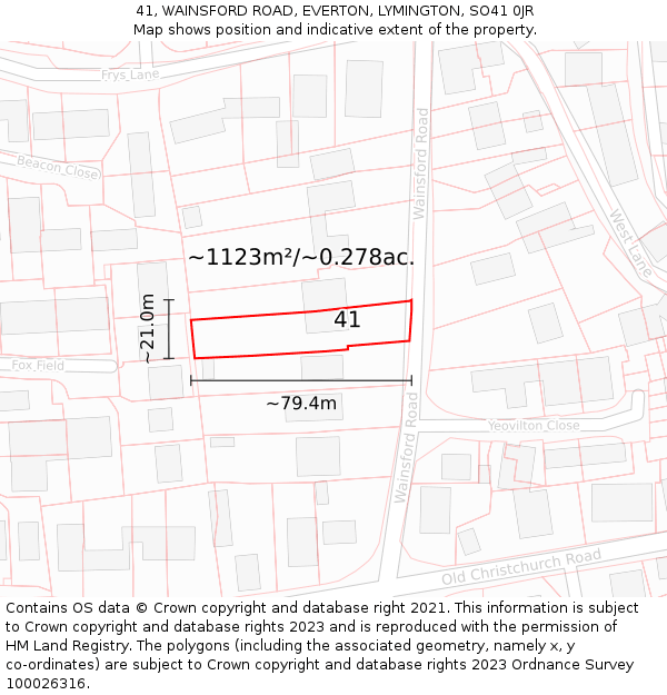 41, WAINSFORD ROAD, EVERTON, LYMINGTON, SO41 0JR: Plot and title map