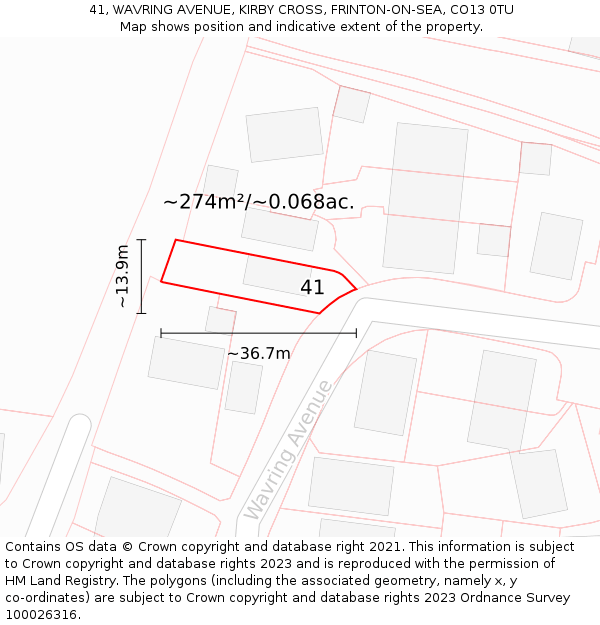 41, WAVRING AVENUE, KIRBY CROSS, FRINTON-ON-SEA, CO13 0TU: Plot and title map
