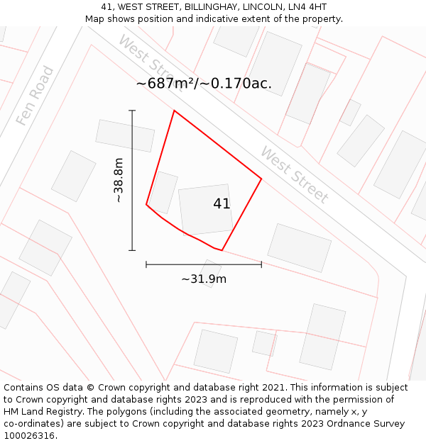 41, WEST STREET, BILLINGHAY, LINCOLN, LN4 4HT: Plot and title map